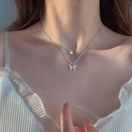 Pendant Necklaces Korean Sparkling Diamond Butterfly Double Layer Necklace for Women Niche Design Elegant and Gentle Internet Celebrity Cold Style C