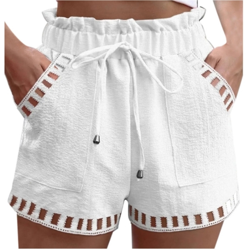 Cotton Linen Shorts WomenS Pants Solid Color Thin Hollow Out Trim Pocket Tight Waist Shorts Beachwear White Clothes 260612