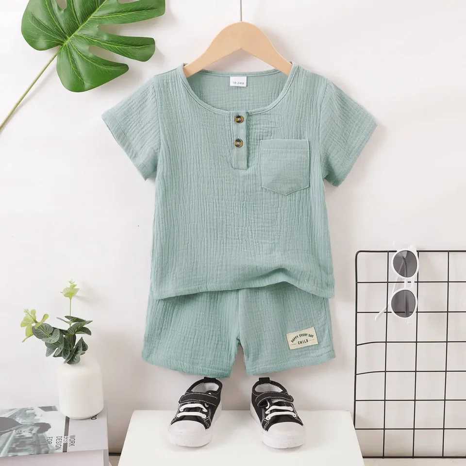 Summer 1-5 Years Old Boys Short Sleeved Double Sided Wrinkled Fabric Casual 2-Piece SetT260613