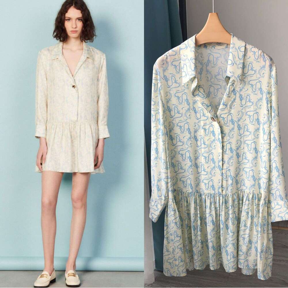 French-style printegnt tones nd high-end high quality fesilk V-neck micro-pleted nchor Designer dress silk dress