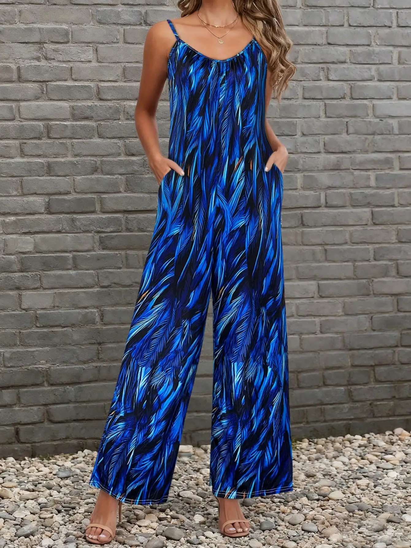 Womens Royal Blue Feather Leaf Print Spaghetti Strap Wide Leg Jumpsuit Casual V-Neck Sleeveless Loose Romper 260608