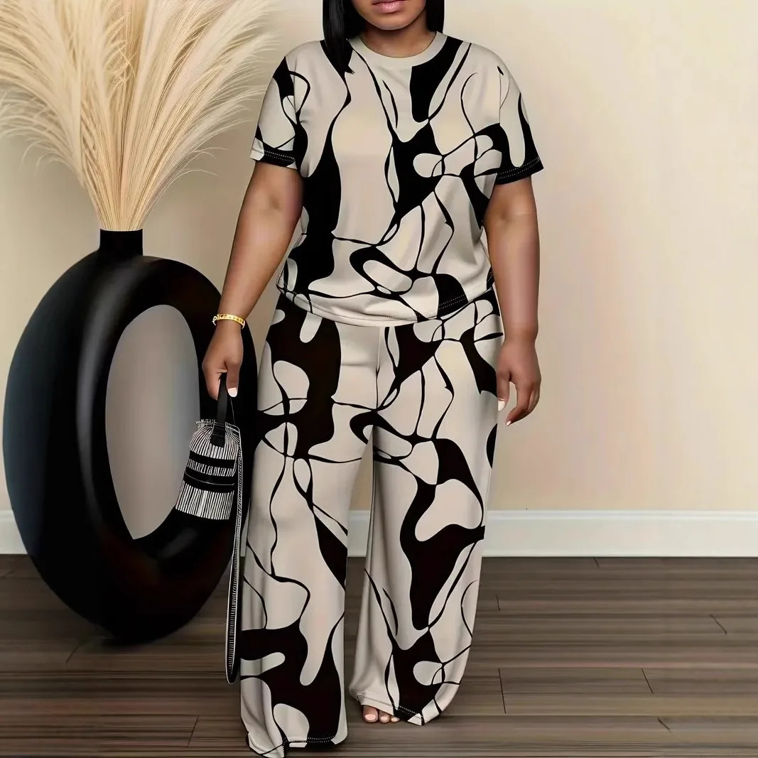 Conjuntos Femininos Summer Short-sleeved Fashion Print Suit Womens Round Neck Large Size T-shirt Wide-leg Trousers 2 Piece Suit 260611
