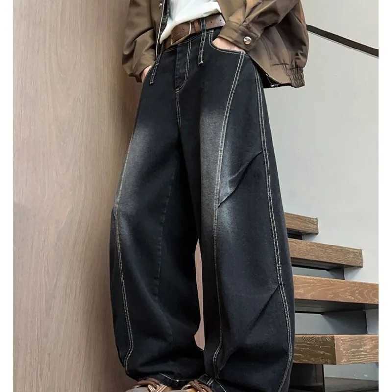 New Japanese retro washed vintage curved jeans for men and women loose straight leg casual wide leg floor pants trendy T260410