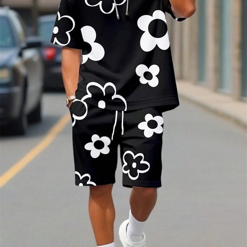 Fashion Mens Black and White Flower Graphic Print Tshirt Shorts 2piece Set Oneck Short Sleeve Top Elastic Waist y260612