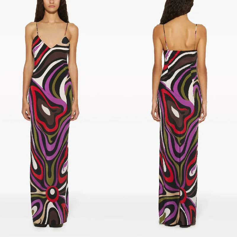 Womens Spaghetti Strap Dress Irregular Color Print Sexy V-neck Backless Slim Slit Long Dresses Summer Party Commuting Vestidos 260608