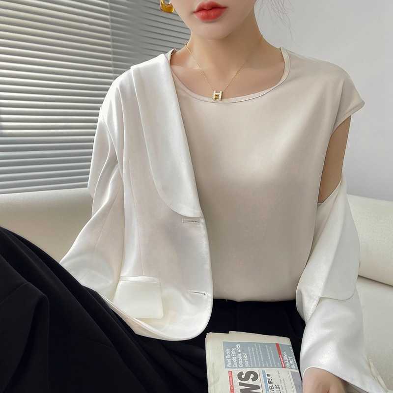 Silk suspender vest womens Satin White T-Shirt ice silk backed acetic acid sleeveless suit with waistcoat inside and coat outside L260612