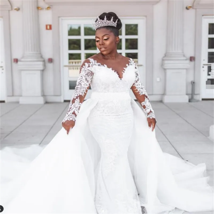 Gorgeous African Mermaid Wedding Dresses With Detachable Train 2 In 1 Plus Size Black Women Country Bridal Gowns Long Sleeve Garden Bride Dress Robe