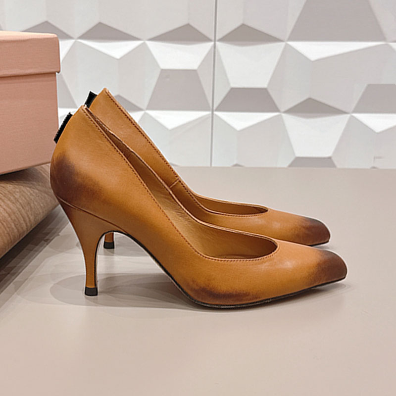 Elegant Leather pumps 5I546E Womens Vintage Burnished Calf leather Pointed Toe Pumps Designer Luxury Retro Brown Stiletto Heels Leather Sole Size 35