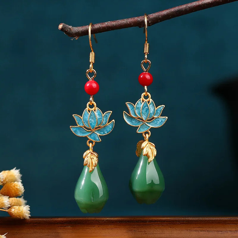 Green Natural Jade Flower Earrings Vintage Stone 18K Gold Plated y Gifts for Women Fashion Accessories Jewelry 260612