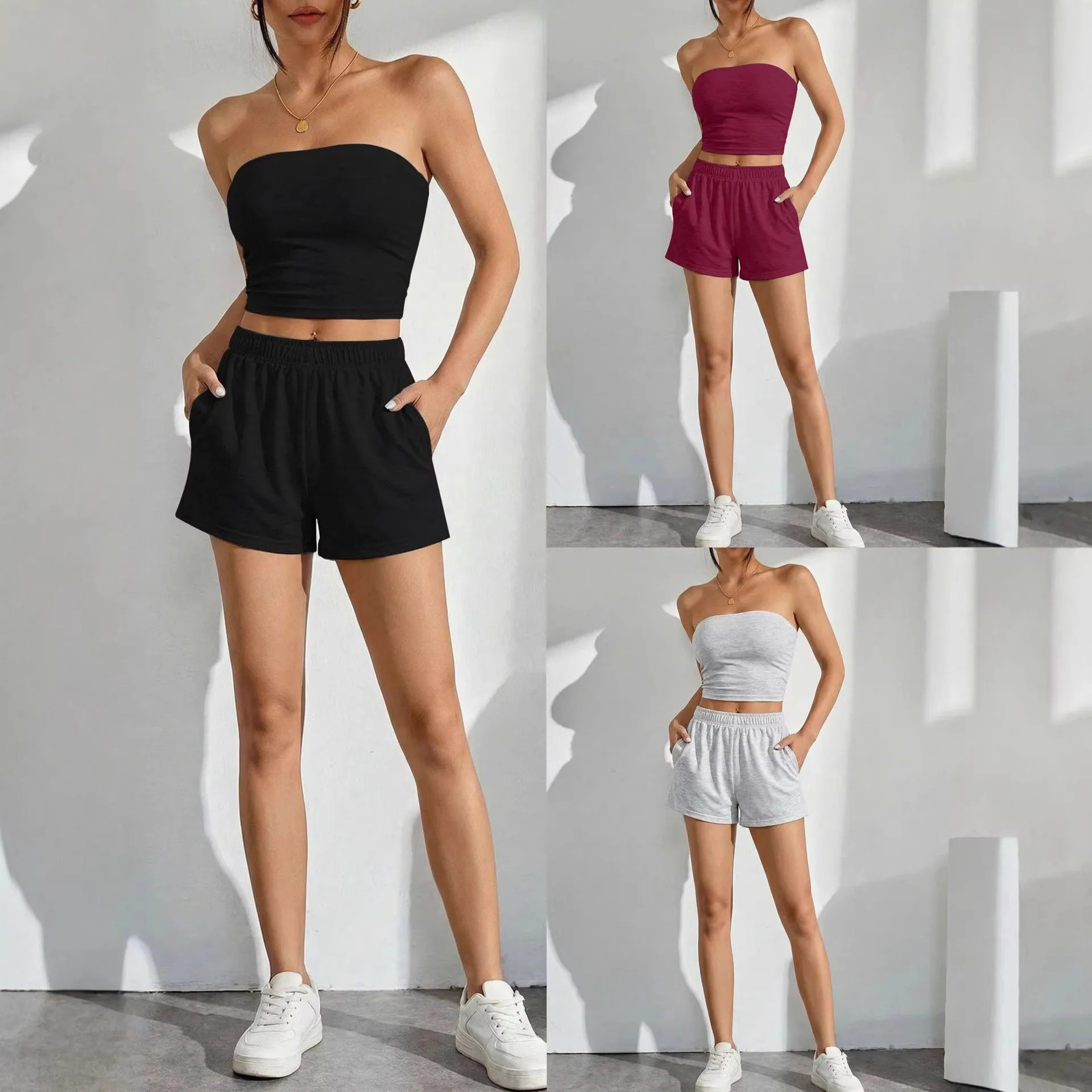 Womens Two Piece Casual Outfit Strapless Bandeau Crop Tops with Built in Bra Elastic Waist Pocket Sports Mini Shorts Sets 260612