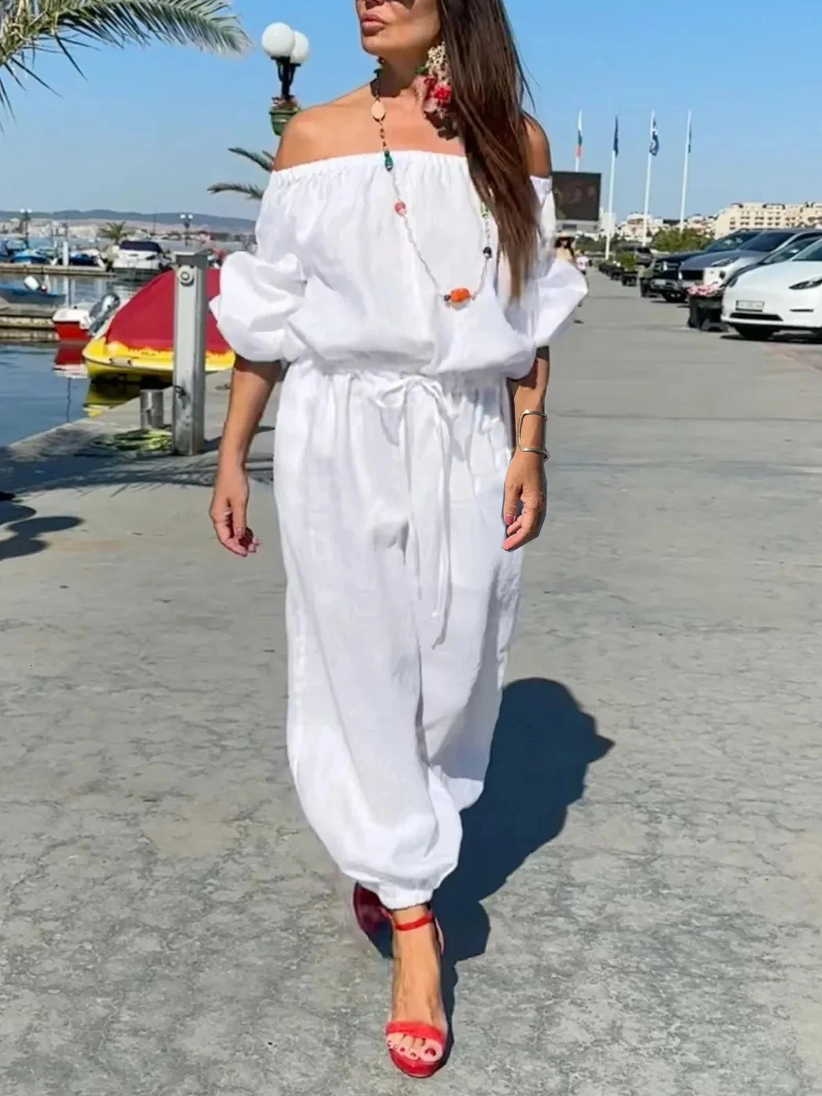 Solid Color Off Shoulder Jumpsuit Casual Puff Sleeve Cinched Waist For Spring Fall Womens Clothing 260609BANJIA