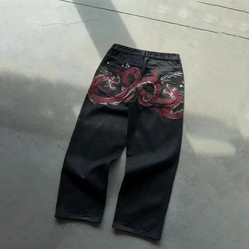 Y2K Harajuku Jeans new Dragon Embroidery high quality jeans 2000s Gothic Vintage Hip Hop streetwear denim fabric wide leg pants T260410