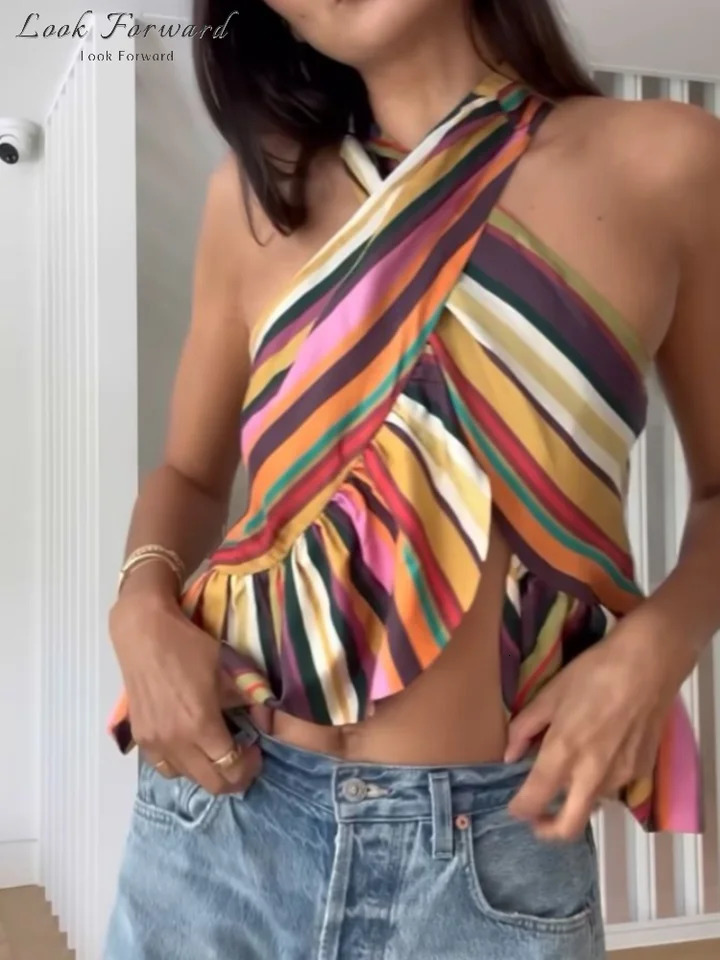 Sexy Striped Halter Tops Womens Ruffles Hem Colorful Sleeveless Backless Loose Vest 2026 Summer Lady Fashion Beach Tshirt 260613
