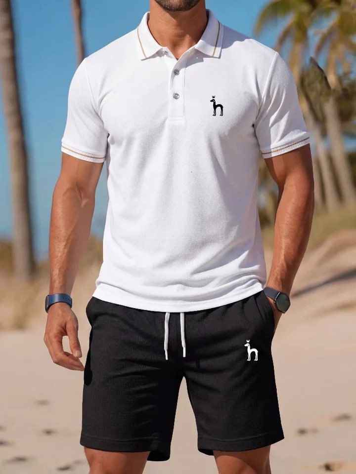 Fashion printed polo shirt short sleeved set Korean version mens shorts summer comfortable casual Tshirt
