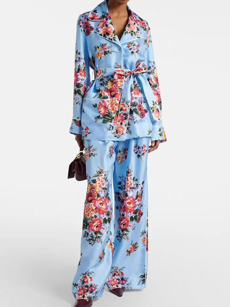 Retro spring lace waist long sleeve shirt elegant printing twopiece elastic straight trousers fashion womens suit 260609BANJIABANJIA