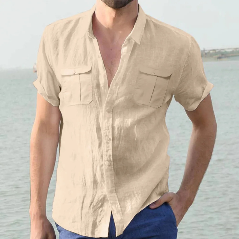 Mens Cotton Linen Shirts for Men Short Sleeve Beach Summer Casual Loose Shirt Turn Down Collar Streetwear Men 260611