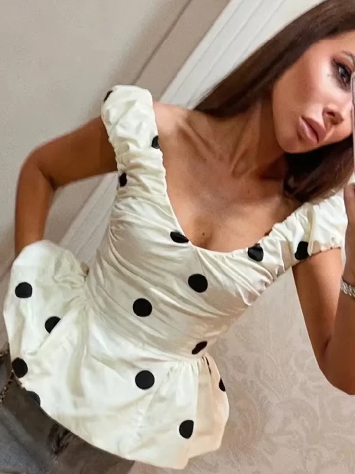 2026 Summer Womens Polka Dot Tops Ruffles Sleeveless Backless Slim Deep V Neck Vest Female Casual Chic Lady Allmatching Tanks 260613