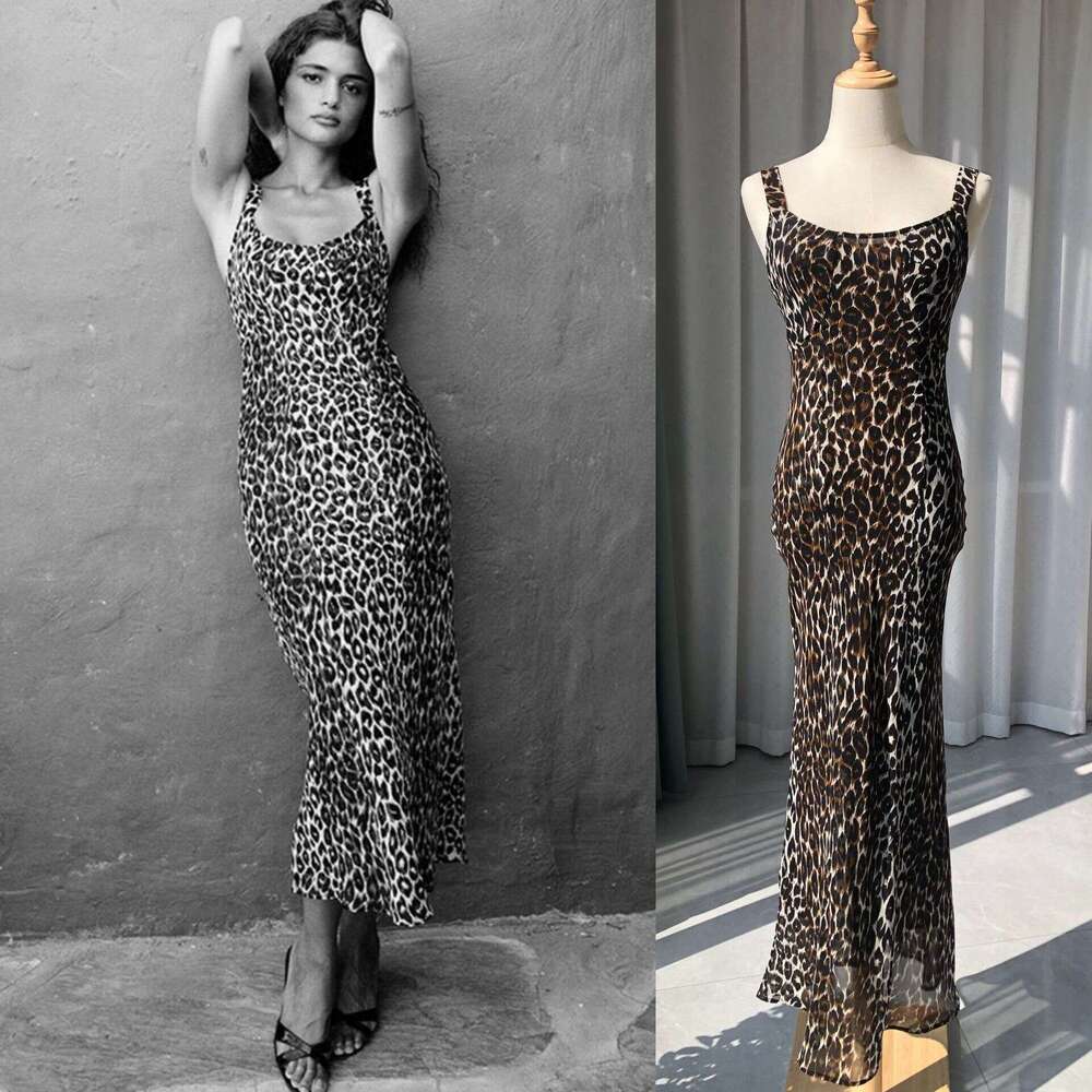 Double-lyered silkElegnt nd sexy leoprd print b-cut slim-fit Designer dress fhtil strp high quality long dress
