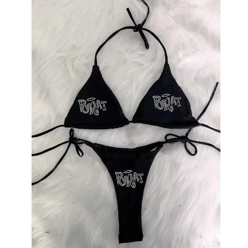 Summer Y2K Gothic Punk Hot Girl Style Letter Rhinestone Halter Neck Sexy Backless Vacation Bra Set ins L260612
