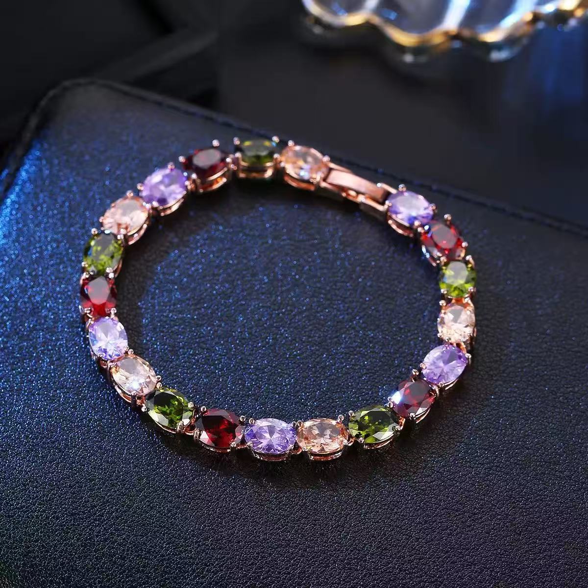 Rose Gold Plated Multicolor Cubic Zirconia Tennis Bracelet, Oval Cut Rainbow Crystal Inlaid Statement Women's Jewelry Wholesale Bulk