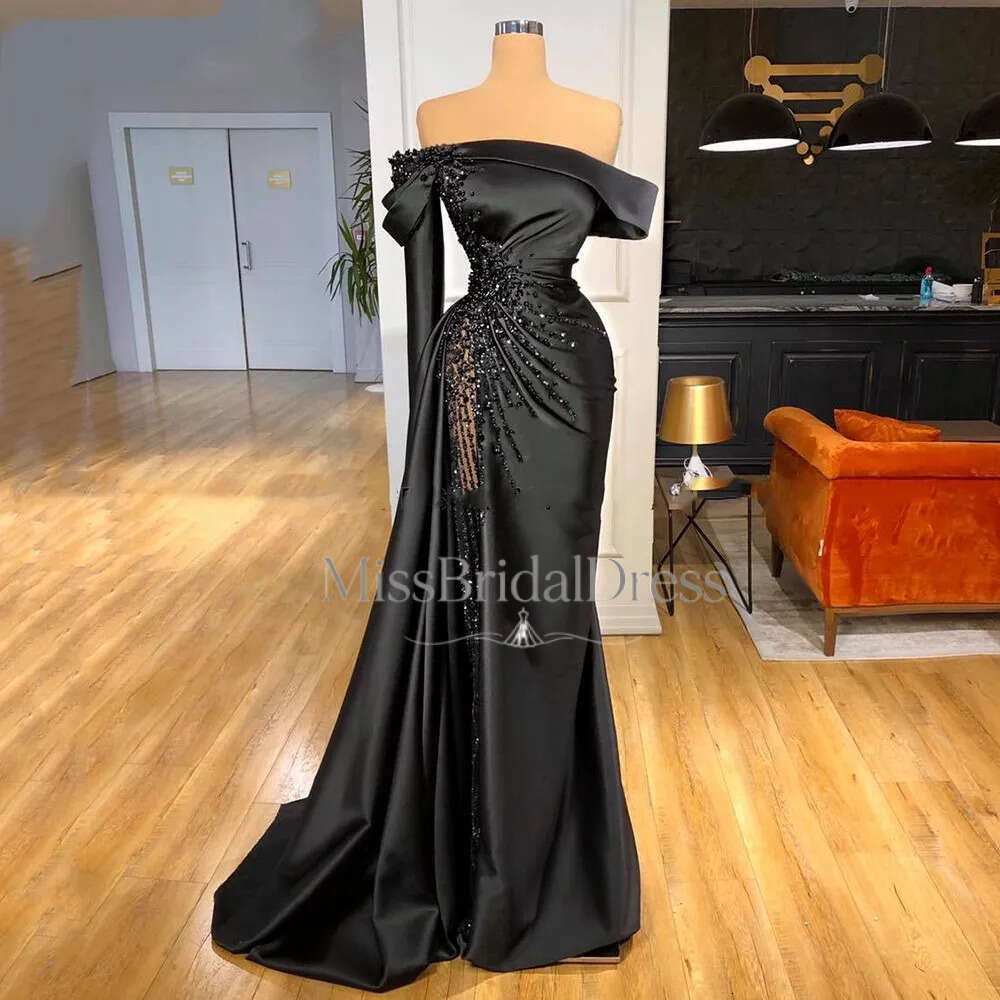 Elegant Satin Black Prom Birthday Dress 2023 One Shoulder Pleat Beading Women Pageant Evening Gown Arabic Dubai Robe De Soiree Mb613