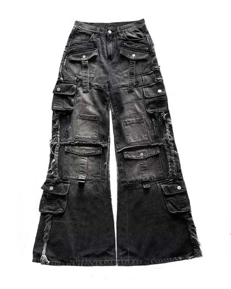 Heavy Washed Splicing Multi Pocket Loose Jeans Men Y2K American Fashion Streetwear Retro Rock Roll Popular High-waisted Trousers T260410