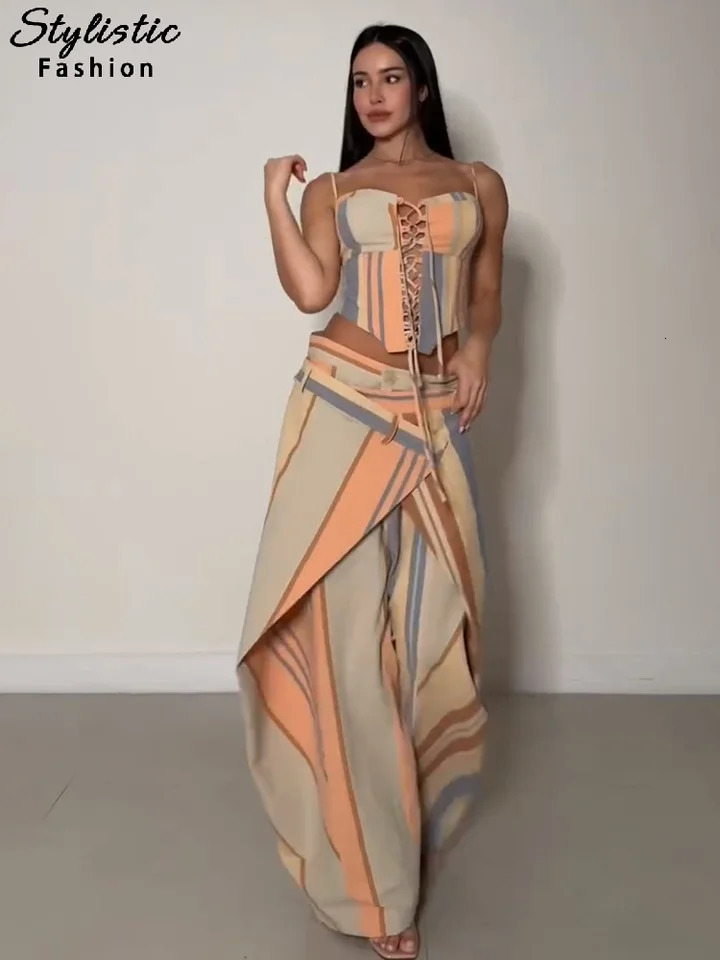 Sexy Print Vest Pants Womens Set Beach Patchwork Slash Neck Lace Up Top Pleated Trousers Summer Holidays Lady Outfit 260612