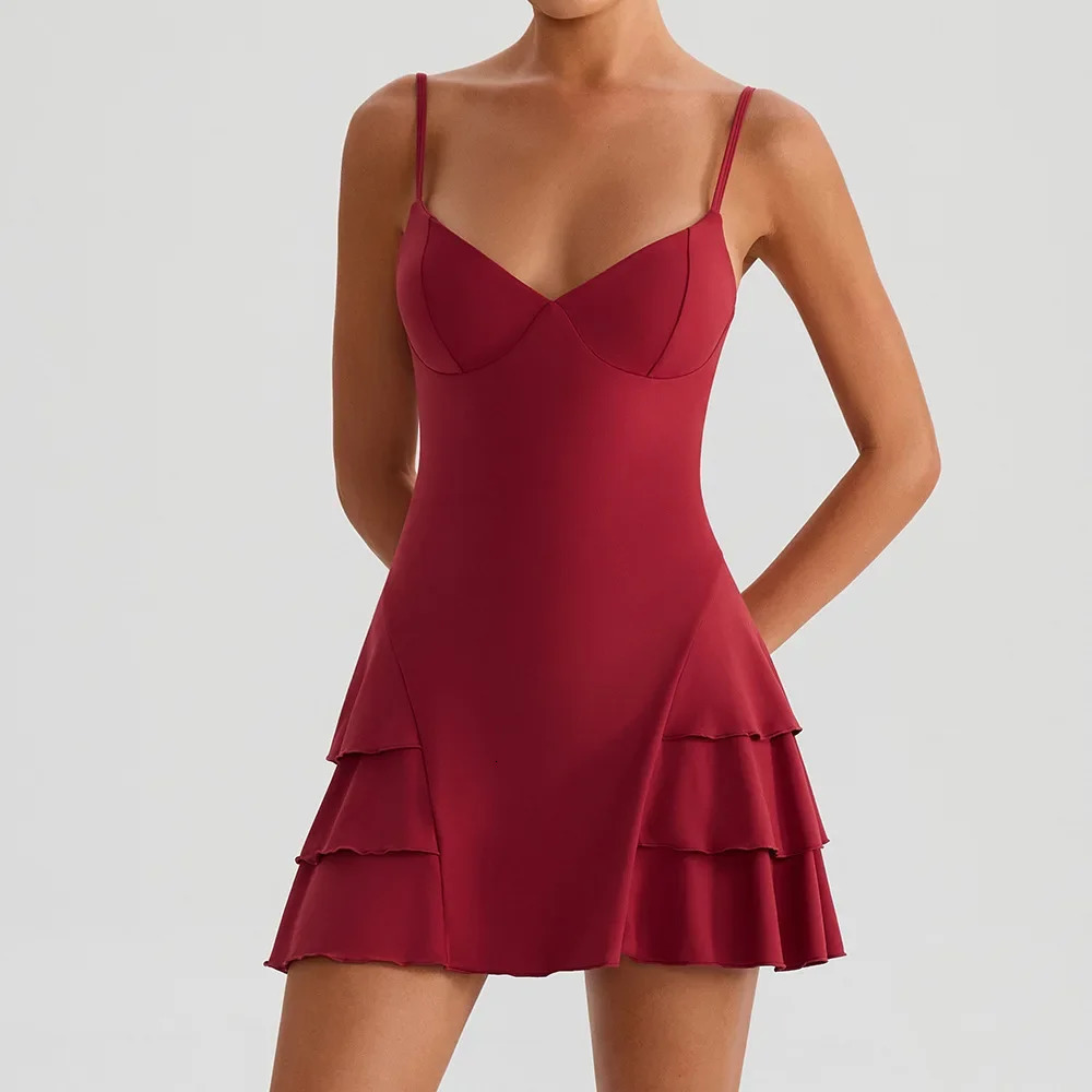 Red Ruffles Tennis Dresses Women High Stretch Pleated Skirt Built-in Shorts Quick Dry Workout Fitness Golf Gym Yoga Dress 260612