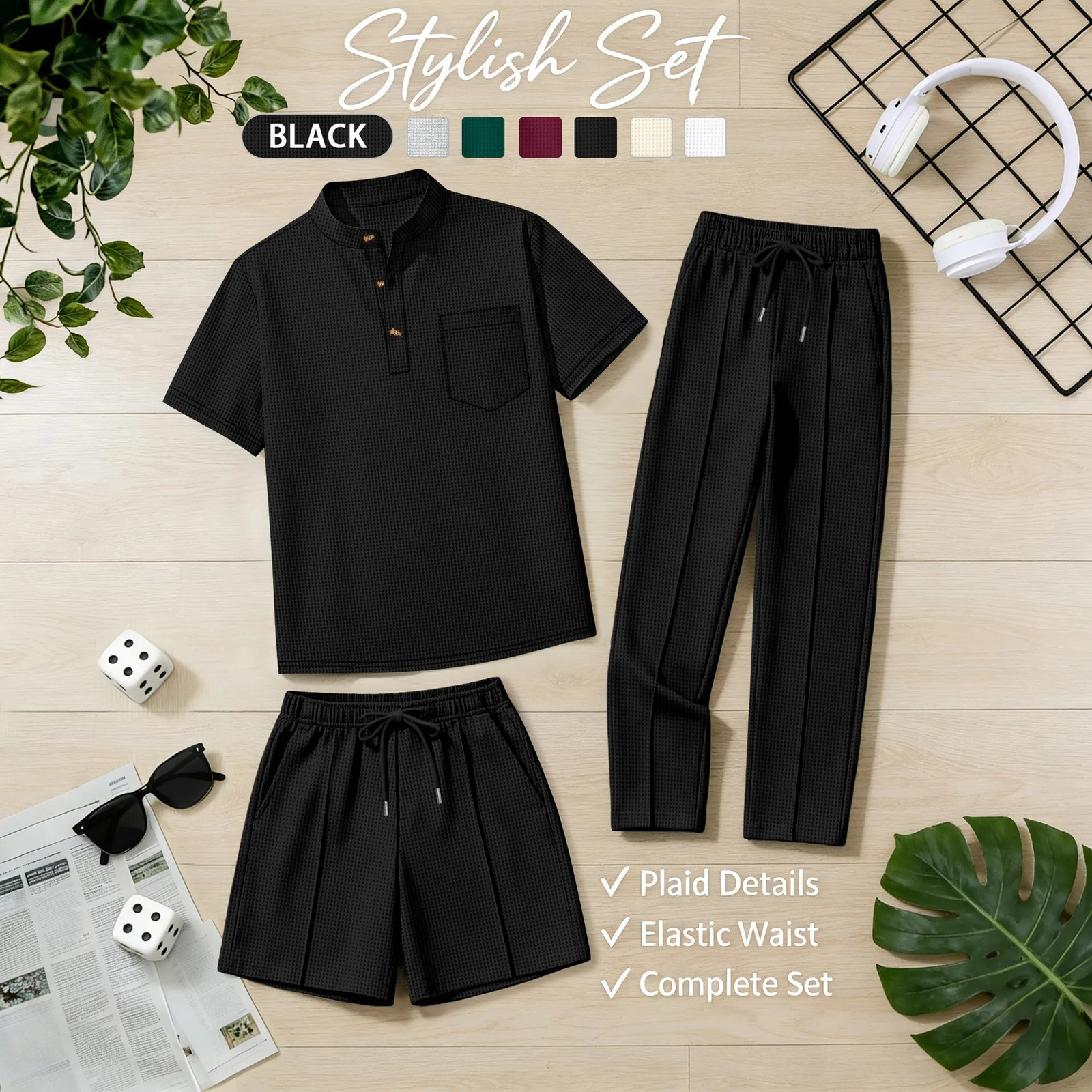 Mens 3 Piece Waffle Knit Set Stand Collar Polo Henley Shirt Pants Shorts Pocket Casual Streetwear