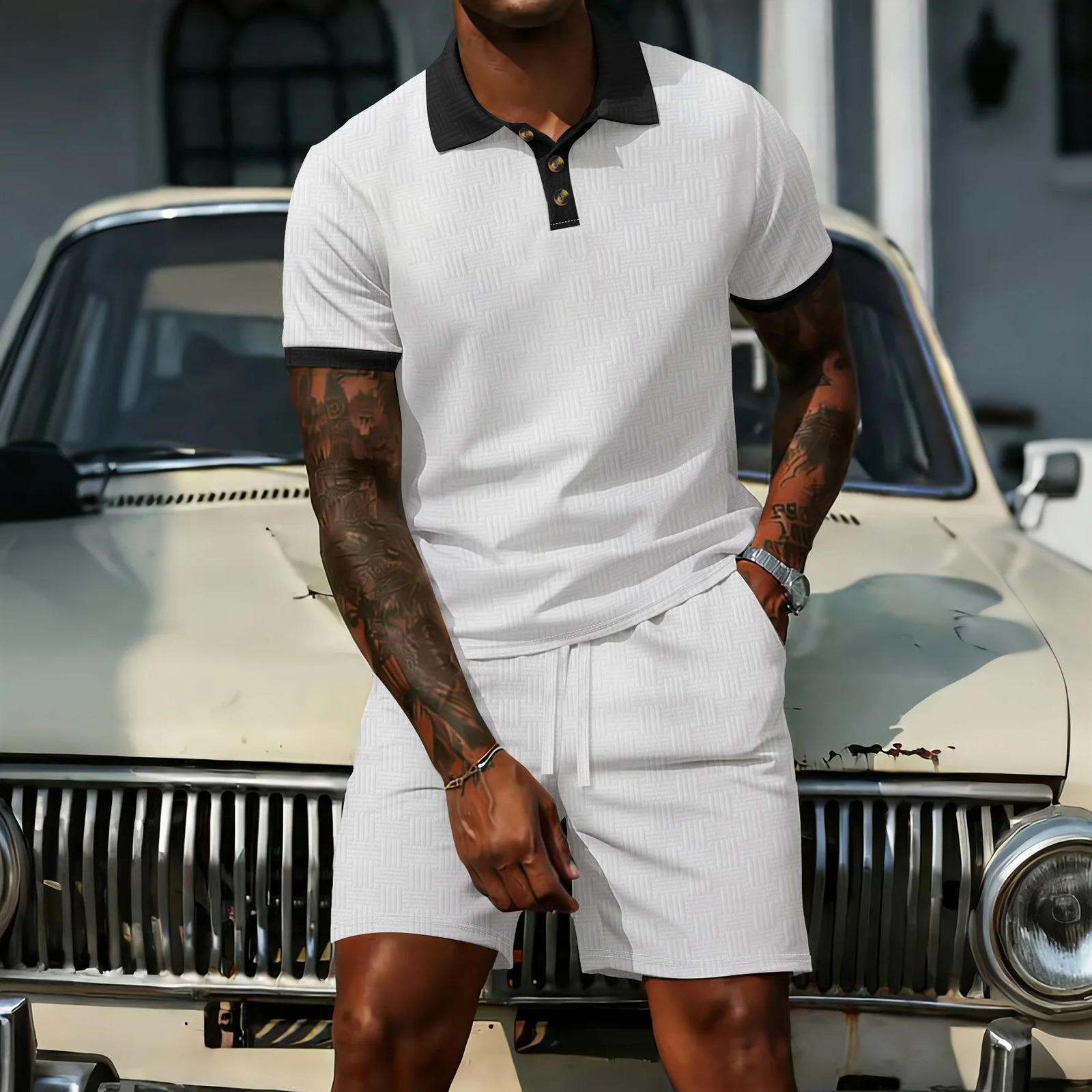 mens spring and summer jacquard collar polo shirts casual breathable multicolor shortsleeved Tshirts shorts sets