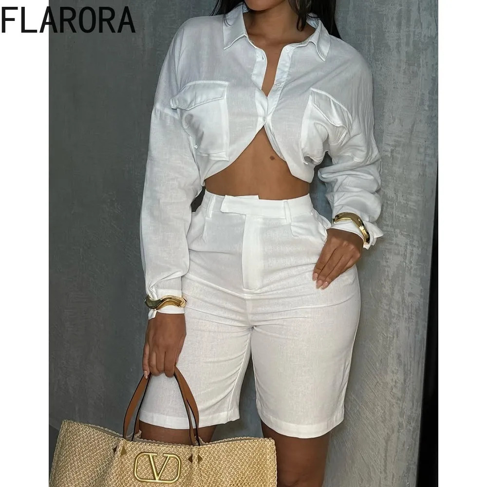 FLARORA Elegant Ladies 2 Pcs Set Woman White Long Sleeve Crop Shirts And High Waist Knee Length Shorts Outfits Summer Streetwear 260612