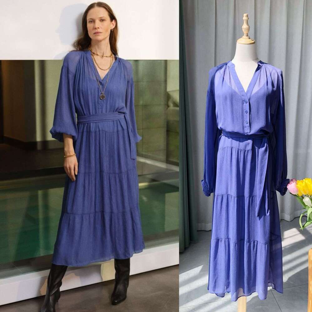 Fluid Rhythm Lightweight and Elegant Silk Designer dress high quality Crepe V-neck Long-s Greek Dress