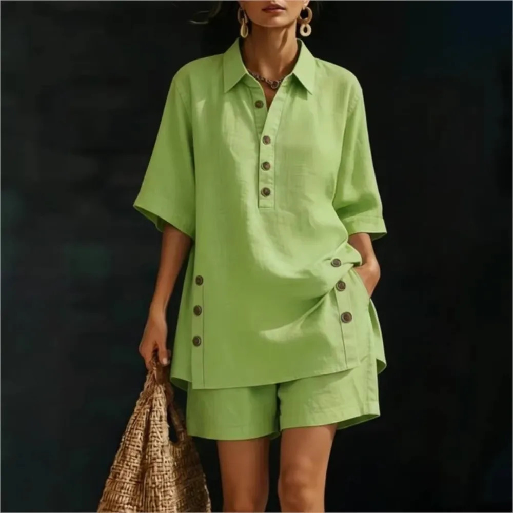 Summer Loose Fashion Lapel Button Short-sleeved Shirt Set Womens Solid Color Casual Slit Pocket Shorts Female 2-piece Set 260612