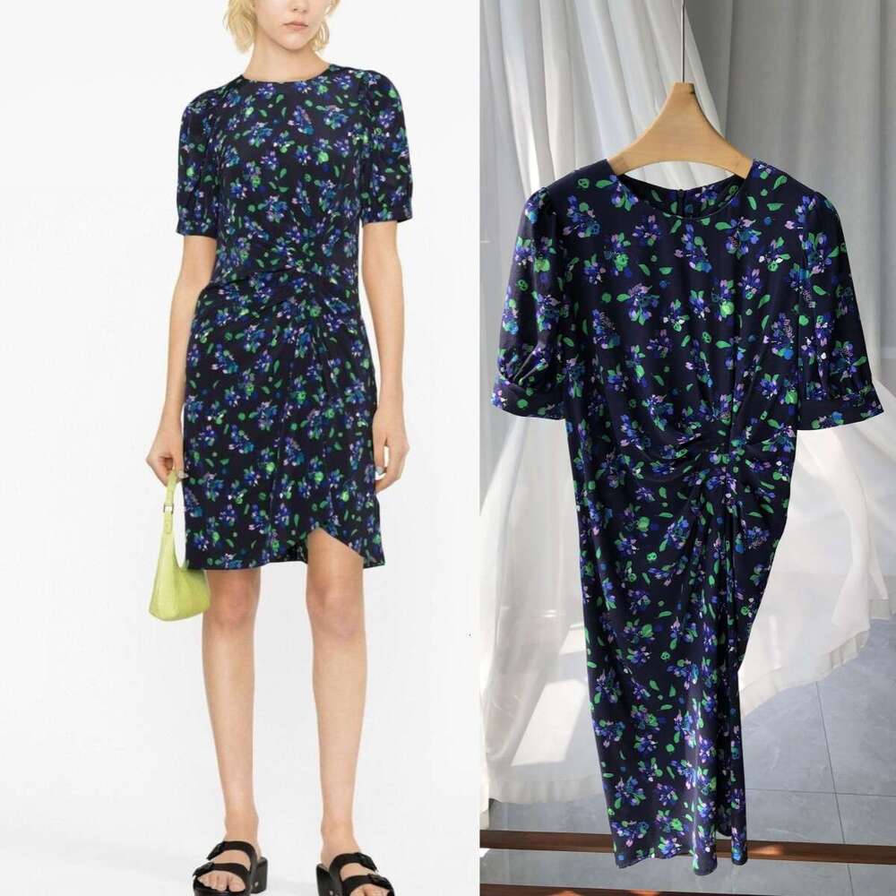French-style egnt nd Designer dress romntic, pleted high quality wt sign, exquite drk-colored printed s silk round-neck short-s dress