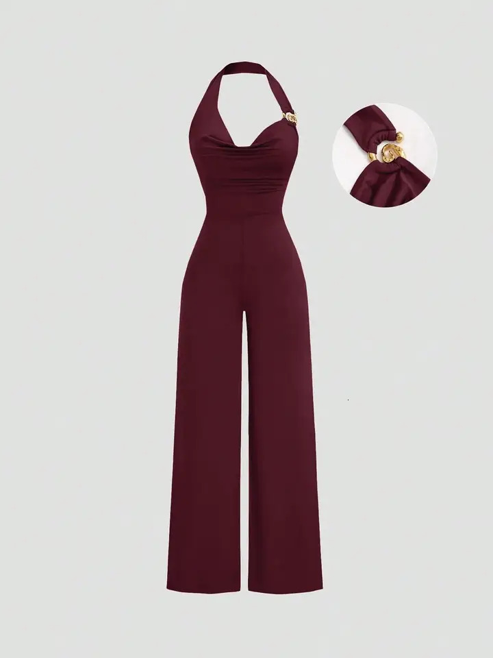 Womens Slim Fit Jumpsuit Backless Halter Casual Daily Commuting Outfit Fashionable Metal Decor 260609BANJIA