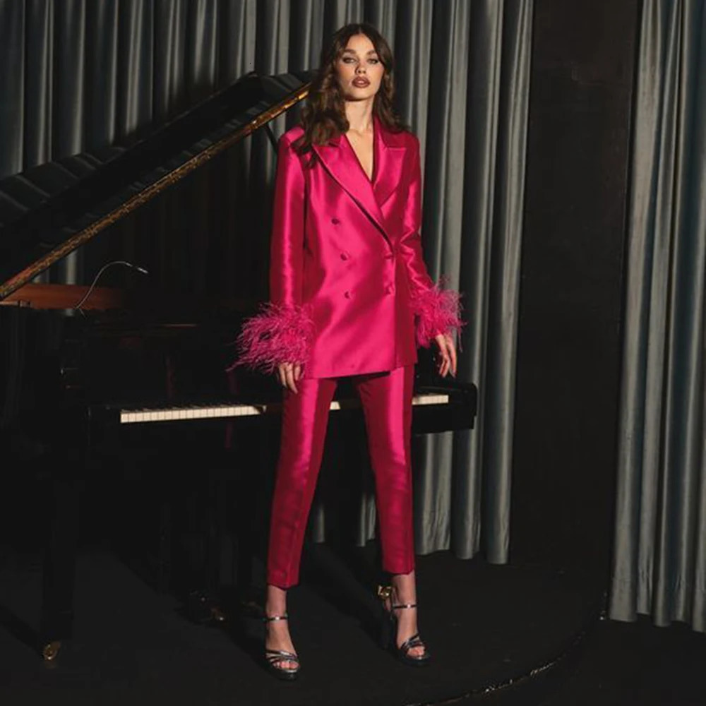 Rose Red Satin Feather Women two Pieces Suit Lapel Double Breasted Jacket Pant Set Office Wedding Female Clothing 260610