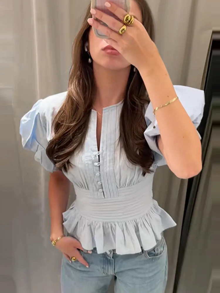Chic O Neck Ruched Corset Puff Sleeve Top Lace Trim Ruffled Slim Fit 2026 Spring Romantic Date Vintage Women Blouses Street 260613