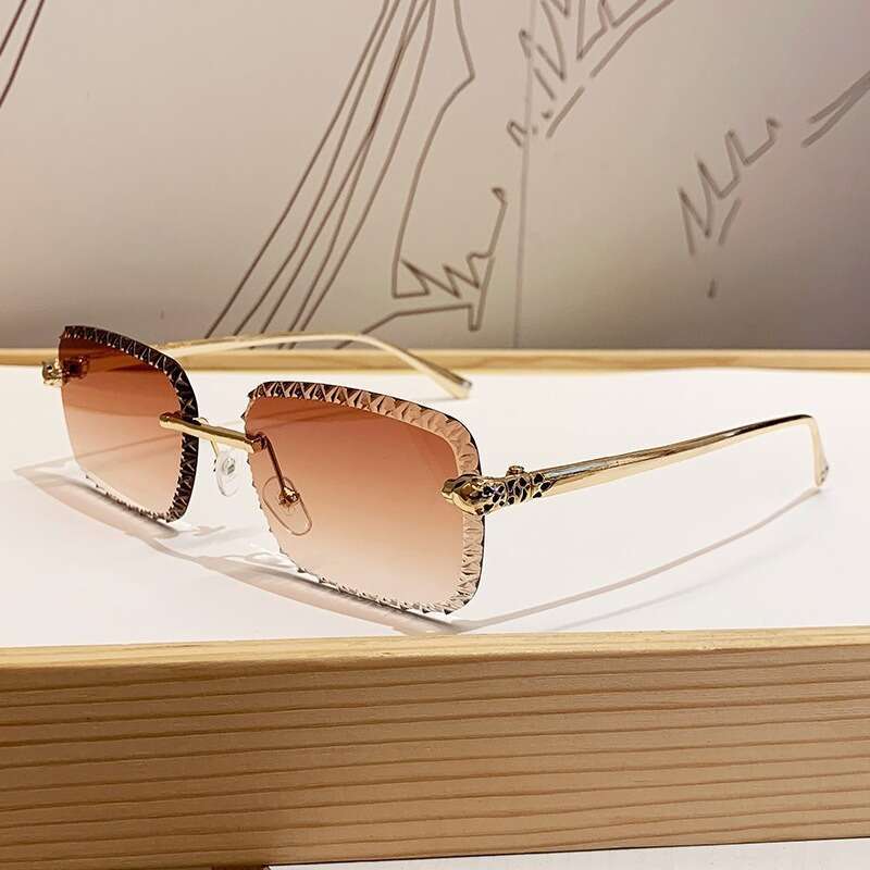Luxury Brand Designer Sunglasses European And American New Leopard Head Frameless For Women, Light Luxury Style, Metal Square Floral Lens Fashion Su