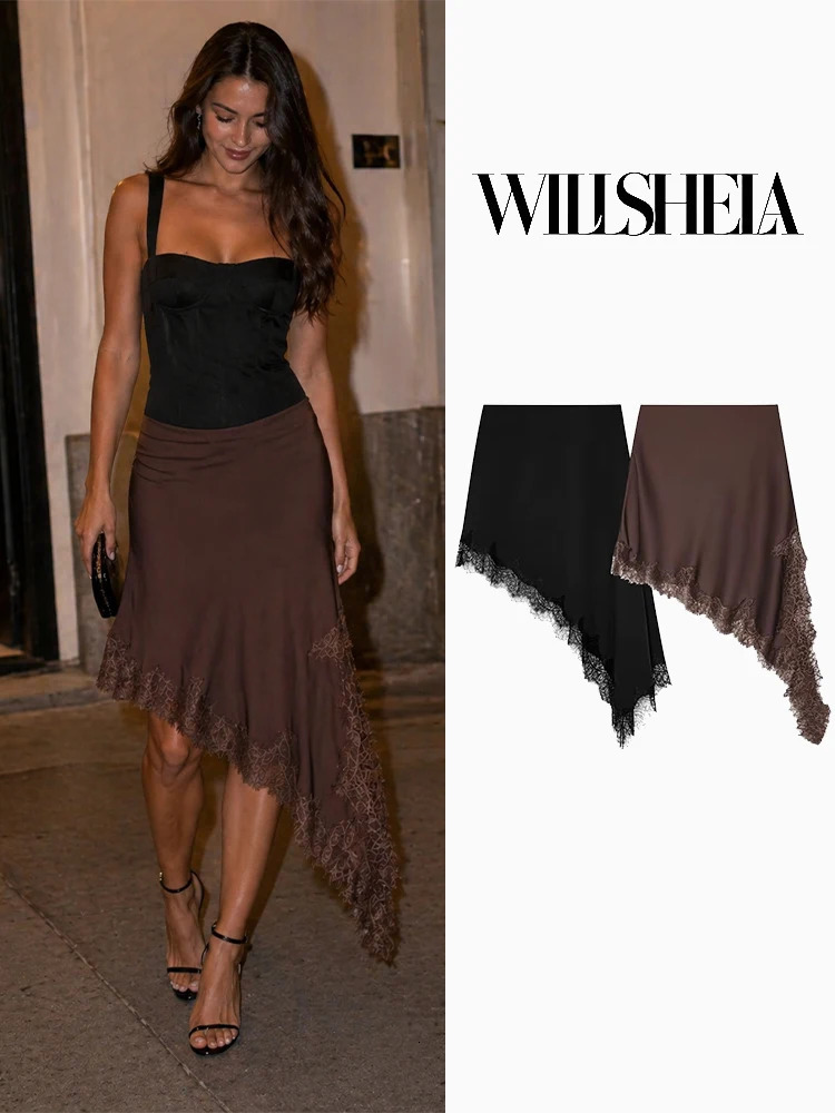 Willshela Women Fashion Solid Lace Hem Asymmetrical Mini Skirt Vintage High Elastic Waist Female Chic Lady Skirts 260612