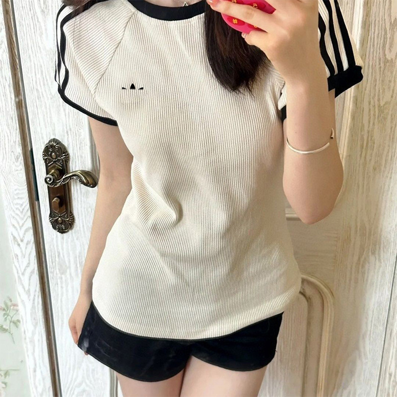 Women Trefoil Style Designer Clothes Ribbed Knit T Shirt Short Sleeve Slim Fit Crew Neck Clover Embroidery Summer Stretch Knitted Tee