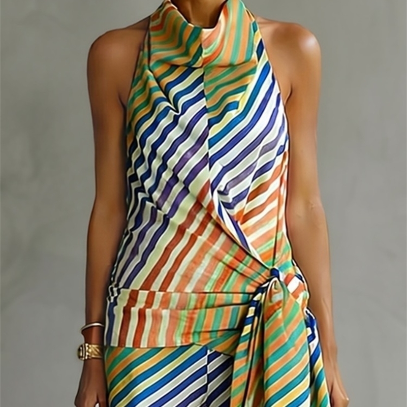 Yeezzi Womens Contrast Color Striped Tied Halter-Neck Vest Tops Fashion Loose Sleeveless Backless Summer Cool T-shirts 260612
