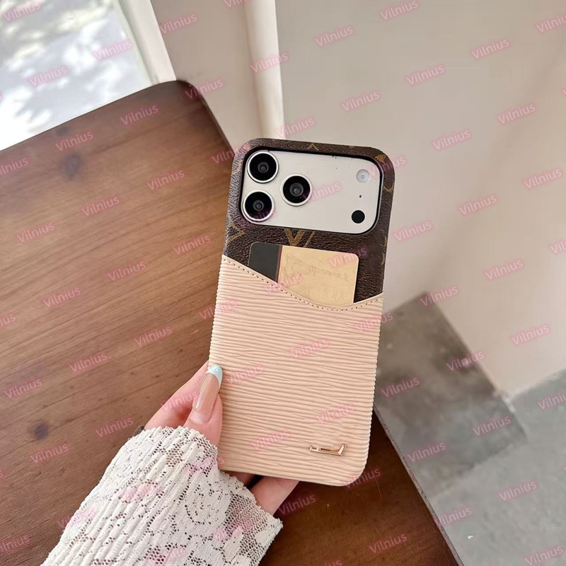 Luxury Monogram Card Holder Phone Case for iPhone 17 Air 16 15 14 13 Pro Max, PU Leather Water Ripple Splice Anti-drop Back Cover with Card Slot, Sh