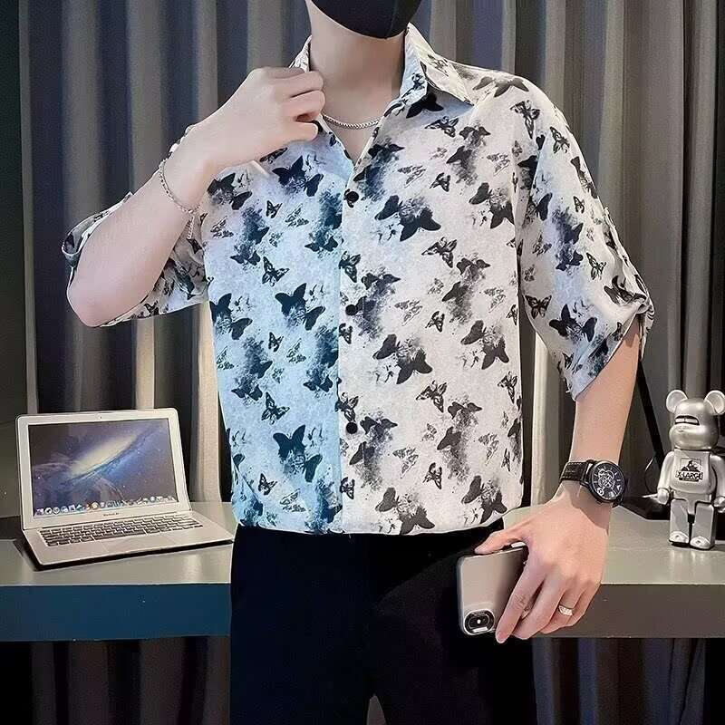 Camicia a maniche corte con stampa a farfalla per coppia Camicia retrò americana per coppia per uomo e donna da indossare ogni giorno 2026 New Summe