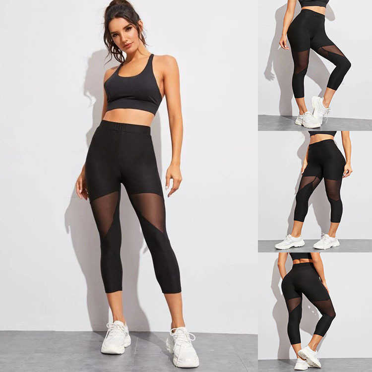 Spring and summer new mesh stitched Capri pants sports Yoga elastic pants running leggings womens pants L260612