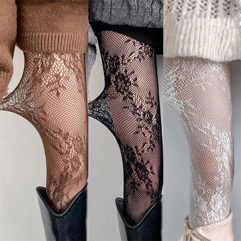 Harajuku Black White Brown Hollowed Out Lace Mesh Pantyhose Floral Rattan Bottomed Stockings Sexy Women Tights Fashion Hosiery y260601