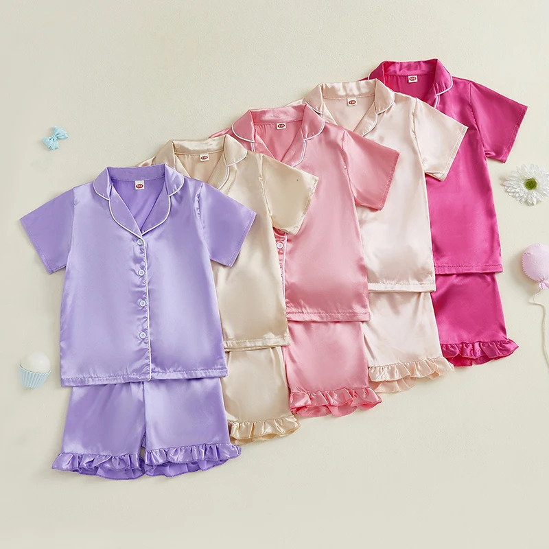 1-10Y Children Girl Summer Pajamas Sets Solid Satin Lapel V Neck Short Sleeve Button Shirts Ruffled Shorts Loungewear Nightgowns 260612