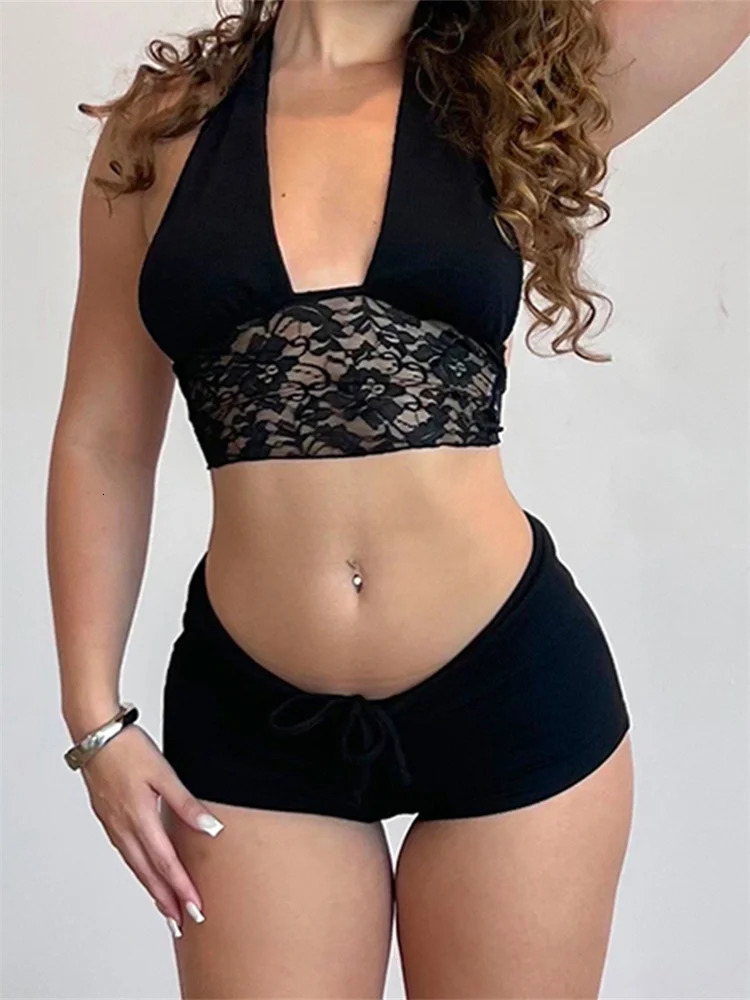 Doury Women 2 Pieces Shorts Sets Backless Lace Patchwork Halter Off Shoulder Tank Crop Tops Shorts Slim Fit Summer Outfits 260612