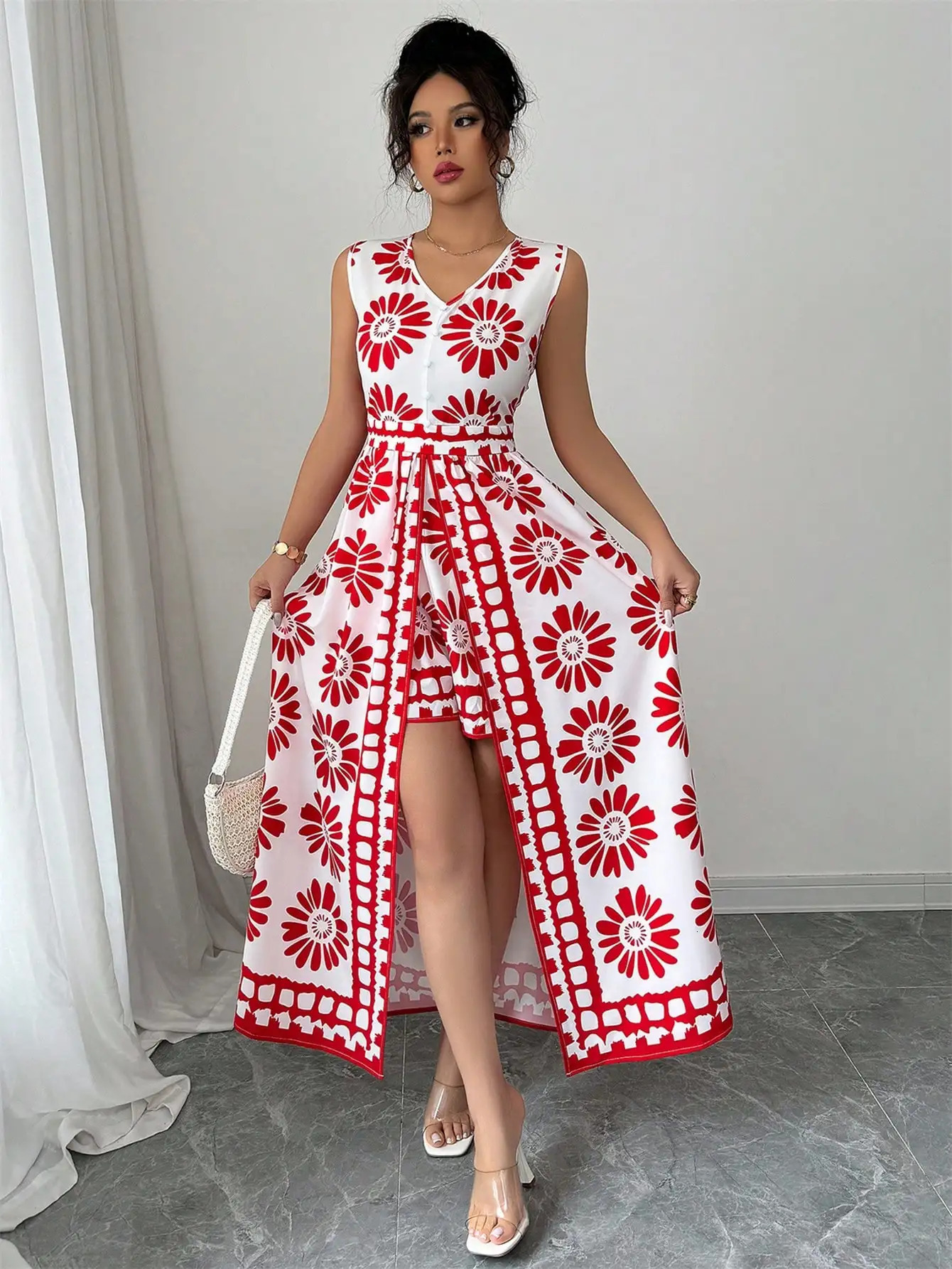 Womens spring and summer beach vacation style casual and elegant contrasting color all-over retro print sleeveless jumpsuit 260608