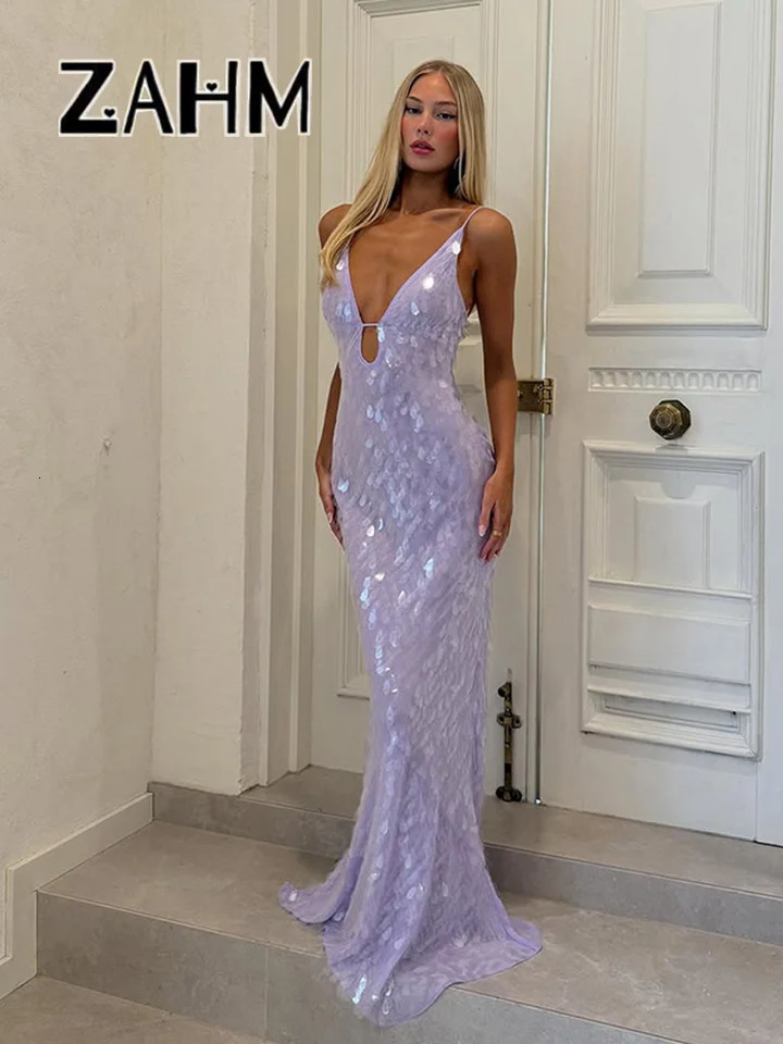 Sexy Sequined Womens Dress Hollow Out Backless V-Neck Slip Top Lady Long Dresses 2026 Spring Summer Female Holiday Robe 260612