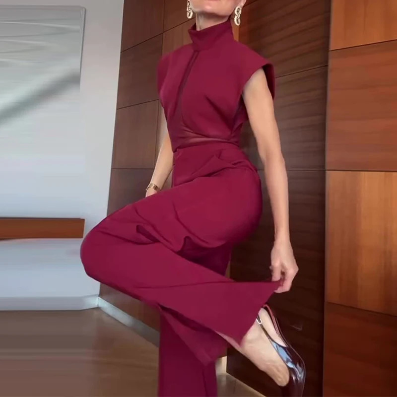 Women Elegant Mesh Splicing Commute Sets Casual Turtleneck Sleeveless Top Wide Leg Pant Suit Sexy Split Solid 2 Piece Outfits 260609